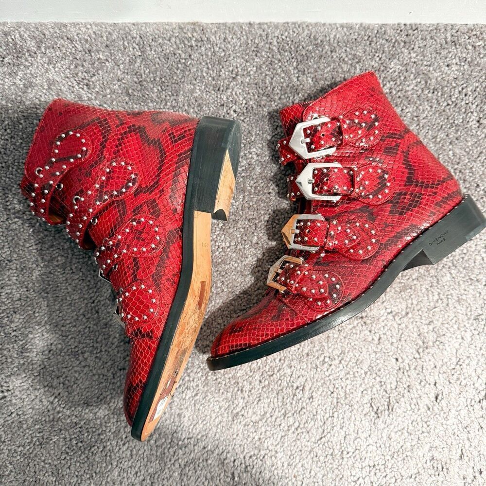 GIVENCHY Calfskin Red Python Embossed Studded Ankle Boots Womens 6.5 36.5 Straps - Picture 5 of 11